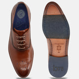 A cognac Men's bugatti Oxford featuring a almond toe medallion toe, stacked heel. Made from premium genuine leather with a durable leather outsole, this laces design offers both style and comfort.