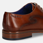 A cognac Men's bugatti Oxford featuring a almond toe medallion toe, stacked heel. Made from premium genuine leather with a durable leather outsole, this laces design offers both style and comfort.