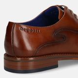 A cognac Men's bugatti Oxford featuring a almond toe medallion toe, stacked heel. Made from premium genuine leather with a durable leather outsole, this laces design offers both style and comfort.