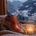 A cognac Men's bugatti Oxford featuring a almond toe medallion toe, stacked heel. Made from premium genuine leather with a durable leather outsole, this laces design offers both style and comfort.