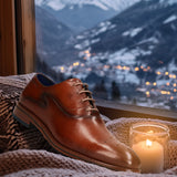 A cognac Men's bugatti Oxford featuring a almond toe medallion toe, stacked heel. Made from premium genuine leather with a durable leather outsole, this laces design offers both style and comfort.