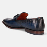 A blue Men's bugatti Tassel Loafers featuring a round toe plain toe, stacked heel. Made from premium genuine leather with a durable leather outsole, this slip-on design offers both style and comfort.