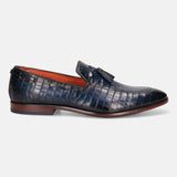 A blue Men's bugatti Tassel Loafers featuring a round toe plain toe, stacked heel. Made from premium genuine leather with a durable leather outsole, this slip-on design offers both style and comfort.