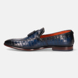 A blue Men's bugatti Tassel Loafers featuring a round toe plain toe, stacked heel. Made from premium genuine leather with a durable leather outsole, this slip-on design offers both style and comfort.
