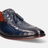 A blue Men's bugatti Tassel Loafers featuring a round toe plain toe, stacked heel. Made from premium genuine leather with a durable leather outsole, this slip-on design offers both style and comfort.