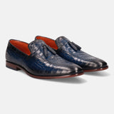 A blue Men's bugatti Tassel Loafers featuring a round toe plain toe, stacked heel. Made from premium genuine leather with a durable leather outsole, this slip-on design offers both style and comfort.
