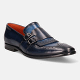 A blue Men's bugatti Kiltie Loafer featuring a round toe wingcap, stacked heel. Made from premium genuine leather with a durable leather outsole, this buckle design offers both style and comfort.