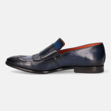 A blue Men's bugatti Kiltie Loafer featuring a round toe wingcap, stacked heel. Made from premium genuine leather with a durable leather outsole, this buckle design offers both style and comfort.