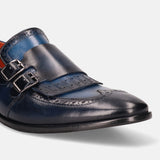 A blue Men's bugatti Kiltie Loafer featuring a round toe wingcap, stacked heel. Made from premium genuine leather with a durable leather outsole, this buckle design offers both style and comfort.