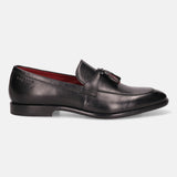 A black Men's bugatti Tassel Loafers featuring a round apron toe, stacked heel. Made from premium genuine leather with a durable leather outsole, this slip-on design offers both style and comfort.