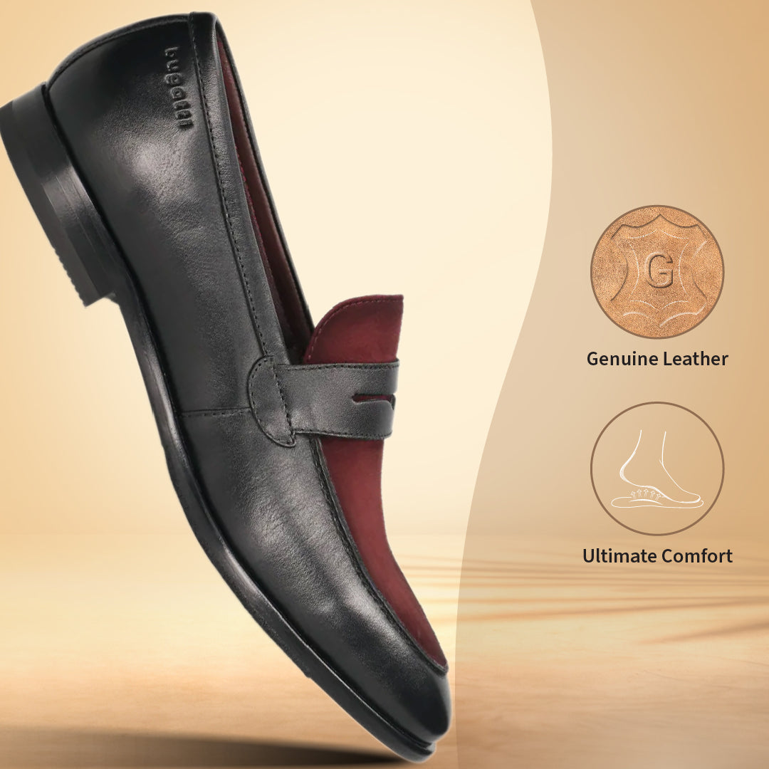 A black Men's bugatti Penny Loafer featuring a round toe apron toe, stacked heel. Made from premium genuine leather with a durable leather outsole, this slip-on design offers both style and comfort.