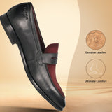 A black Men's bugatti Penny Loafer featuring a round toe apron toe, stacked heel. Made from premium genuine leather with a durable leather outsole, this slip-on design offers both style and comfort.