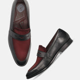A black Men's bugatti Penny Loafer featuring a round toe apron toe, stacked heel. Made from premium genuine leather with a durable leather outsole, this slip-on design offers both style and comfort.