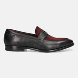 A black Men's bugatti Penny Loafer featuring a round toe apron toe, stacked heel. Made from premium genuine leather with a durable leather outsole, this slip-on design offers both style and comfort.