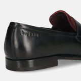A black Men's bugatti Penny Loafer featuring a round toe apron toe, stacked heel. Made from premium genuine leather with a durable leather outsole, this slip-on design offers both style and comfort.