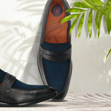 Men's Bugatti penny loafer black leather shoes with a round toe and apron toe featuring a stacked heel , a leather outsole.