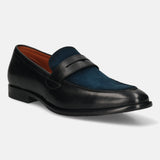 Men's Bugatti penny loafer black leather shoes with a round toe and apron toe featuring a stacked heel , a leather outsole.