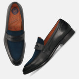 Men's Bugatti penny loafer black leather shoes with a round toe and apron toe featuring a stacked heel , a leather outsole.