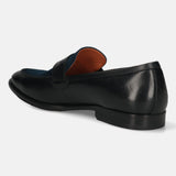 Men's Bugatti penny loafer black leather shoes with a round toe and apron toe featuring a stacked heel , a leather outsole.