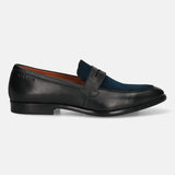 Men's Bugatti penny loafer black leather shoes with a round toe and apron toe featuring a stacked heel , a leather outsole.