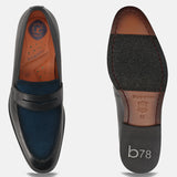 Men's Bugatti penny loafer black leather shoes with a round toe and apron toe featuring a stacked heel , a leather outsole.