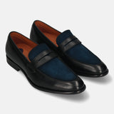 Men's Bugatti penny loafer black leather shoes with a round toe and apron toe featuring a stacked heel , a leather outsole.