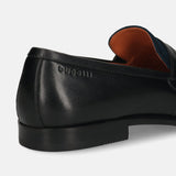 Men's Bugatti penny loafer black leather shoes with a round toe and apron toe featuring a stacked heel , a leather outsole.