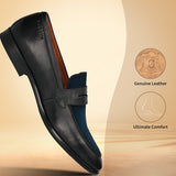 Men's Bugatti penny loafer black leather shoes with a round toe and apron toe featuring a stacked heel , a leather outsole.