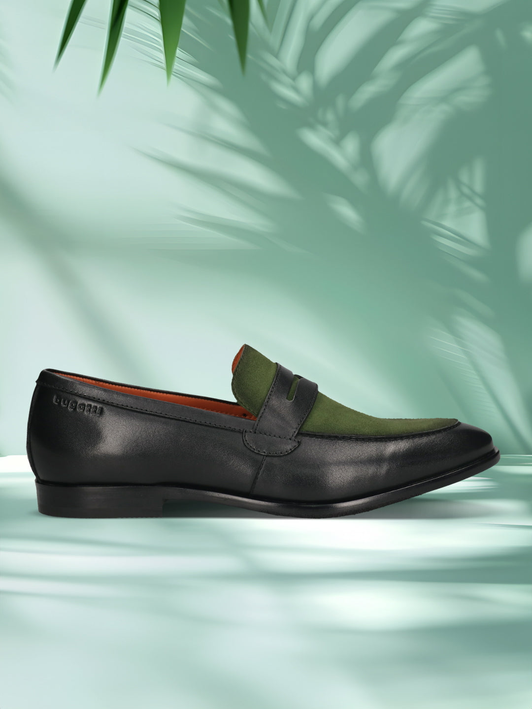 Men's Bugatti penny loafer black leather shoes with a round toe and apron toe featuring a stacked heel , a leather outsole.
