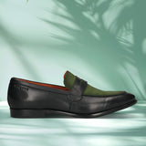 Men's Bugatti penny loafer black leather shoes with a round toe and apron toe featuring a stacked heel , a leather outsole.