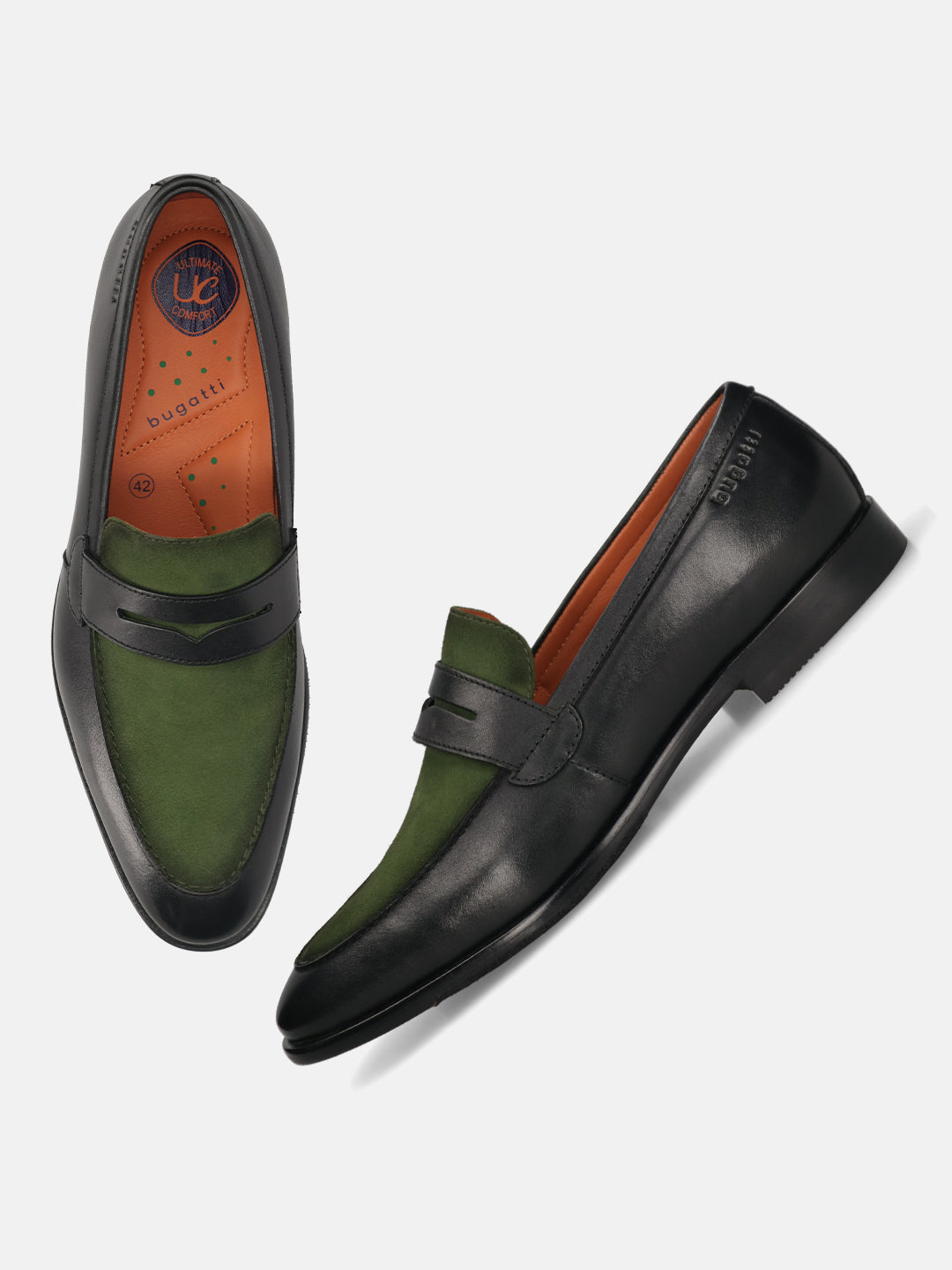 Men's Bugatti penny loafer black leather shoes with a round toe and apron toe featuring a stacked heel , a leather outsole.