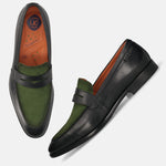 Men's Bugatti penny loafer black leather shoes with a round toe and apron toe featuring a stacked heel , a leather outsole.