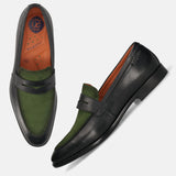 Men's Bugatti penny loafer black leather shoes with a round toe and apron toe featuring a stacked heel , a leather outsole.