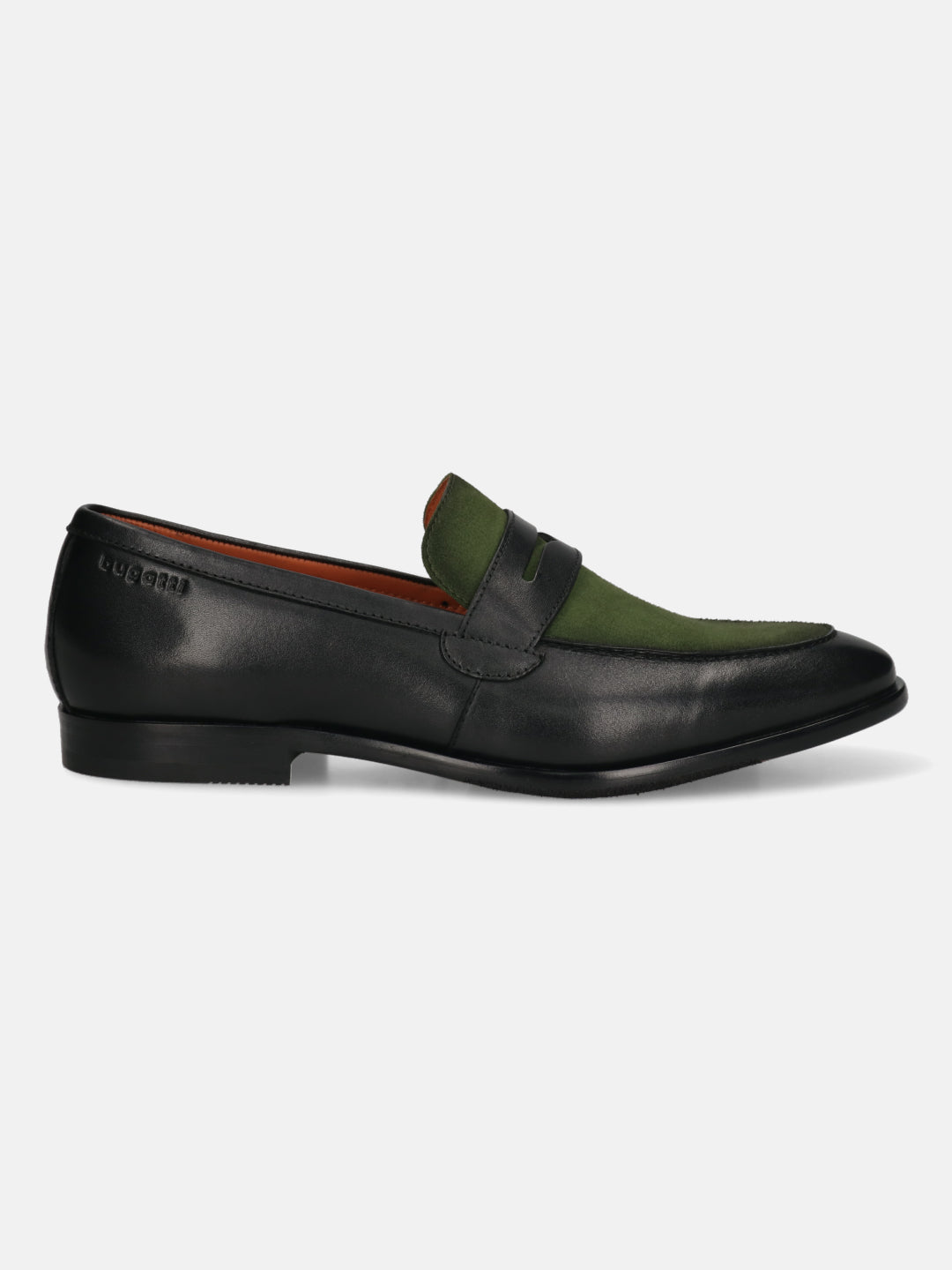 Men's Bugatti penny loafer black leather shoes with a round toe and apron toe featuring a stacked heel , a leather outsole.