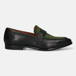 Men's Bugatti penny loafer black leather shoes with a round toe and apron toe featuring a stacked heel , a leather outsole.