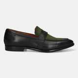 Men's Bugatti penny loafer black leather shoes with a round toe and apron toe featuring a stacked heel , a leather outsole.
