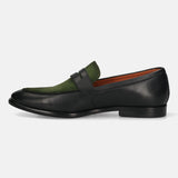 Men's Bugatti penny loafer black leather shoes with a round toe and apron toe featuring a stacked heel , a leather outsole.