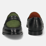 Men's Bugatti penny loafer black leather shoes with a round toe and apron toe featuring a stacked heel , a leather outsole.