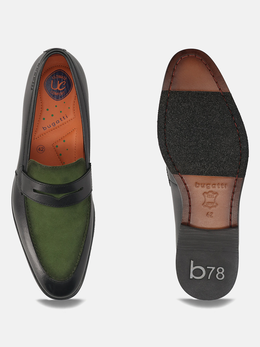 Men's Bugatti penny loafer black leather shoes with a round toe and apron toe featuring a stacked heel , a leather outsole.