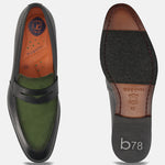 Men's Bugatti penny loafer black leather shoes with a round toe and apron toe featuring a stacked heel , a leather outsole.