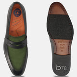 Men's Bugatti penny loafer black leather shoes with a round toe and apron toe featuring a stacked heel , a leather outsole.