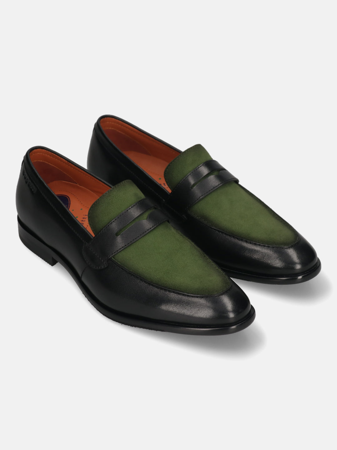 Men's Bugatti penny loafer black leather shoes with a round toe and apron toe featuring a stacked heel , a leather outsole.