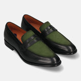 Men's Bugatti penny loafer black leather shoes with a round toe and apron toe featuring a stacked heel , a leather outsole.