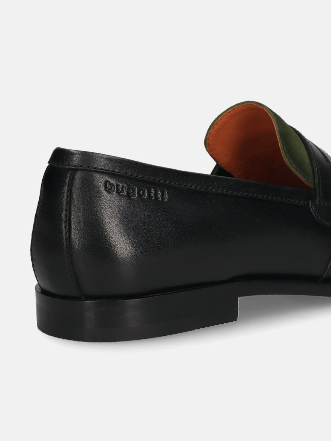 Men's Bugatti penny loafer black leather shoes with a round toe and apron toe featuring a stacked heel , a leather outsole.