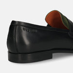 Men's Bugatti penny loafer black leather shoes with a round toe and apron toe featuring a stacked heel , a leather outsole.