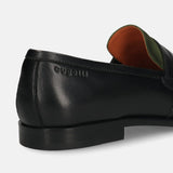 Men's Bugatti penny loafer black leather shoes with a round toe and apron toe featuring a stacked heel , a leather outsole.