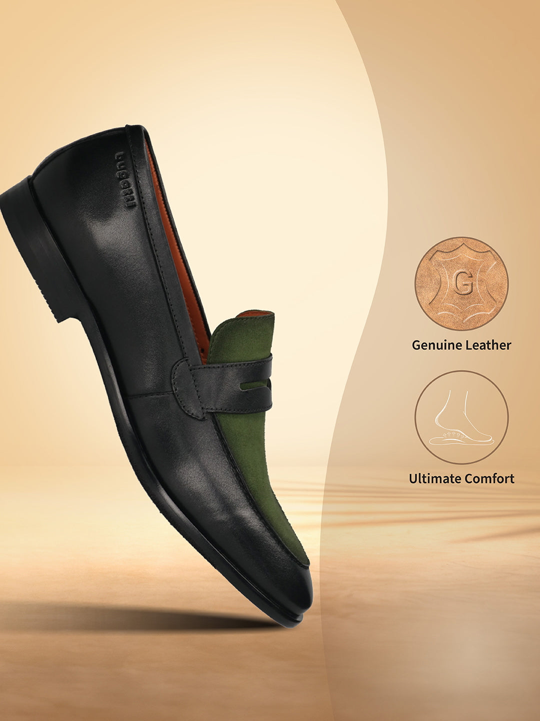 Men's Bugatti penny loafer black leather shoes with a round toe and apron toe featuring a stacked heel , a leather outsole.
