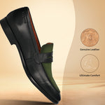 Men's Bugatti penny loafer black leather shoes with a round toe and apron toe featuring a stacked heel , a leather outsole.