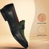 Men's Bugatti penny loafer black leather shoes with a round toe and apron toe featuring a stacked heel , a leather outsole.