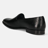 A black Men's bugatti Venetian Loafers featuring a round toe plain toe, stacked heel. Made from premium genuine leather with a durable leather outsole, this slip-on design offers both style and comfort.